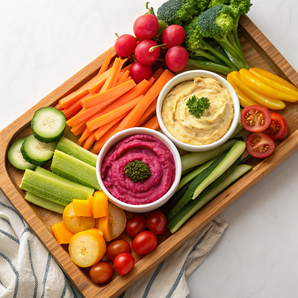 A colorful hummus and veggie platter, a perfect appetizer for healthy Ramadan recipes.