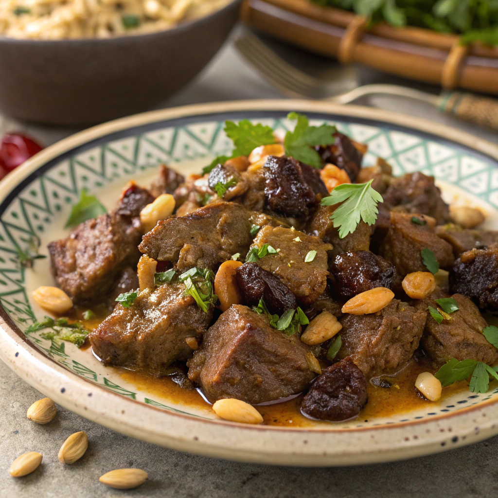 A delicious plate of Mrouzia, a Moroccan Ramadan recipe with lamb and raisins.