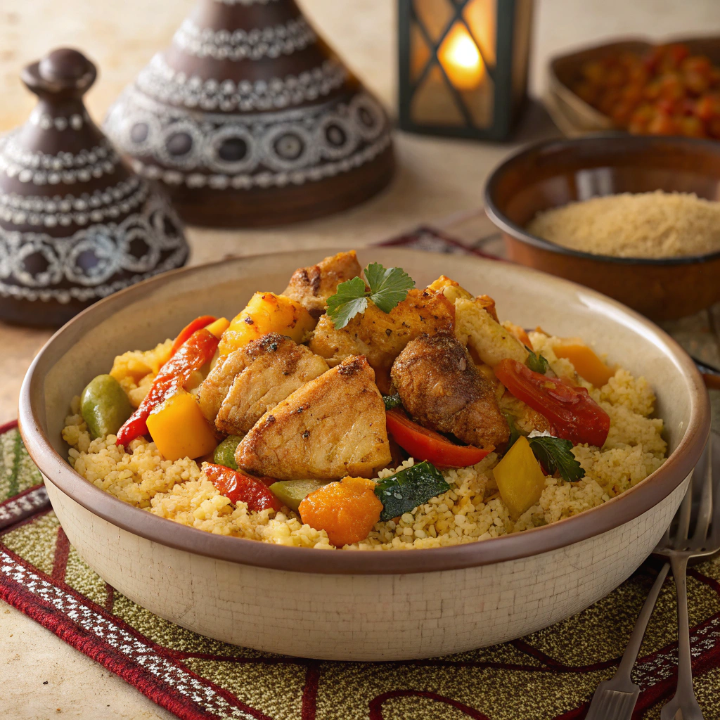 A hearty Moroccan Chicken Couscous served with seasonal vegetables, part of the Best Moroccan Ramadan Recipes.