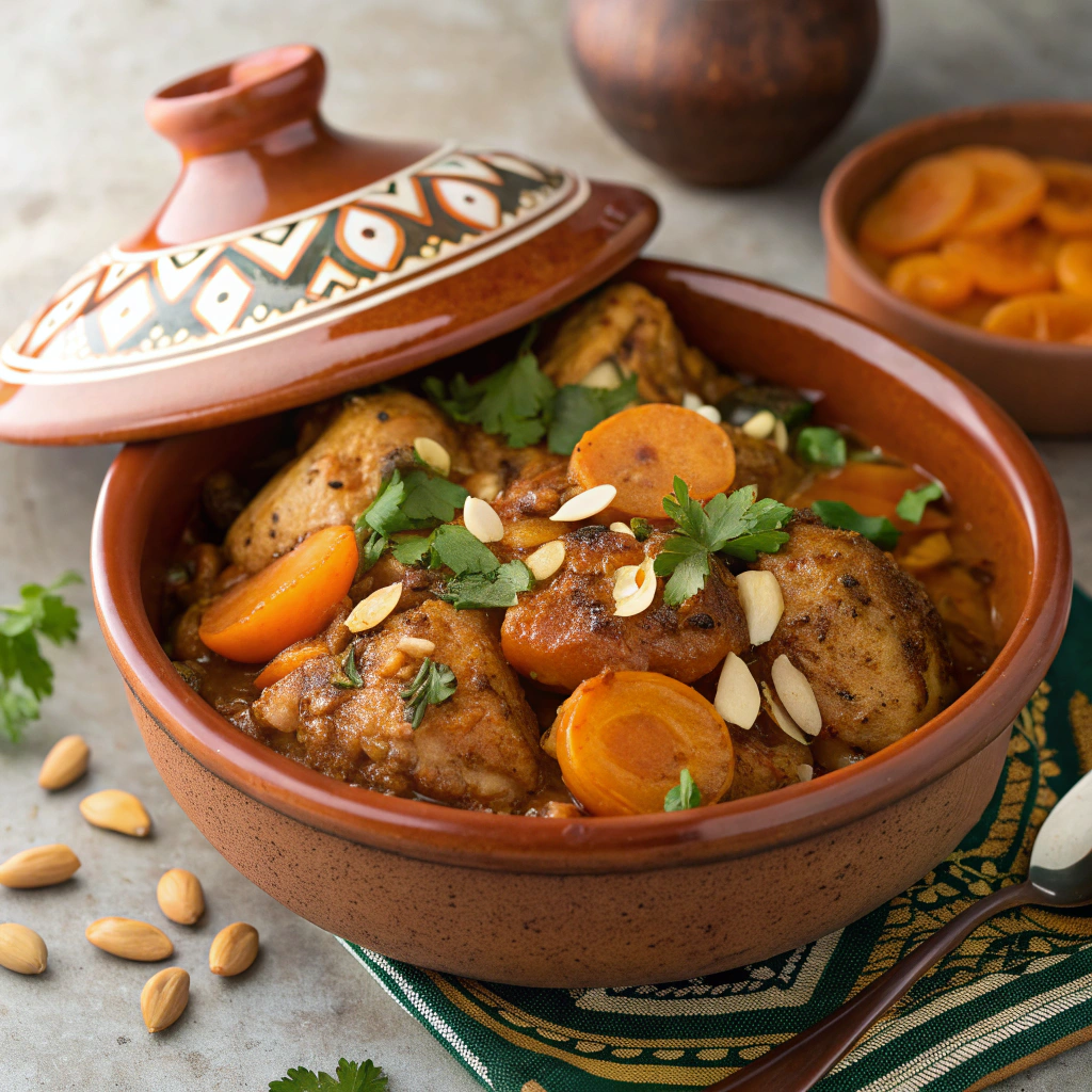 Sweet and Spicy Chicken Tagine with apricots and almonds, a delicious addition to the Best Moroccan Ramadan Recipes.