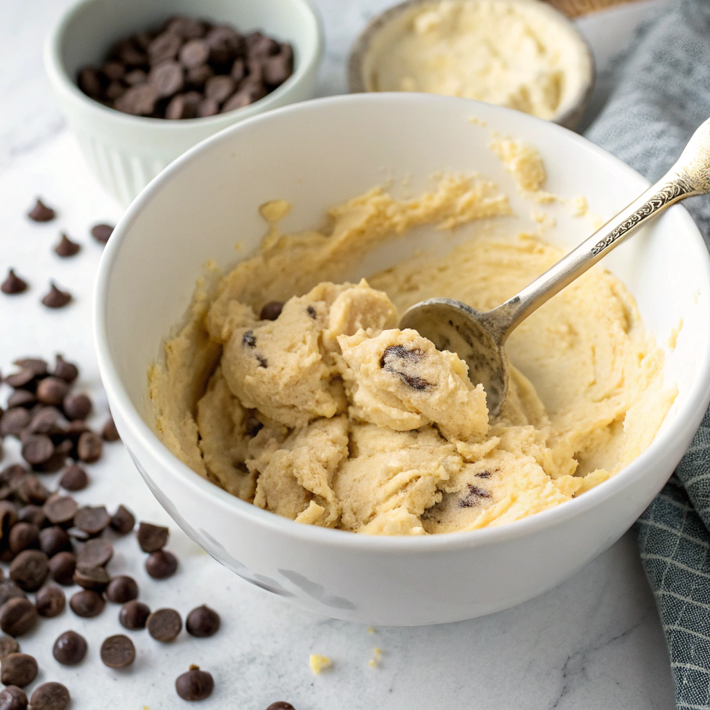 A mixing bowl with creamed butter and sugar for chocolate chip cookies.