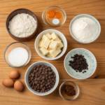 Ingredients for chocolate chip cookies laid out on a wooden countertop.