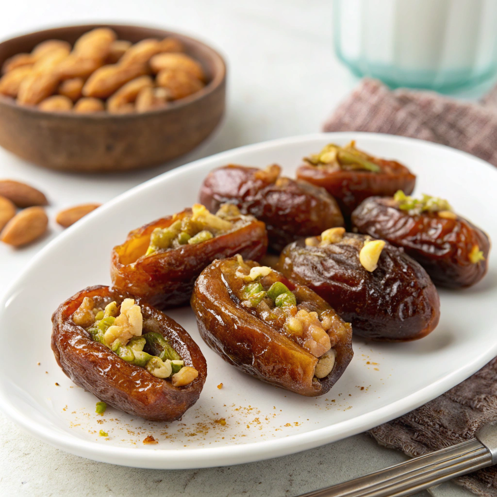 A plate of Fried Stuffed Dates, a sweet treat for Ramadan.