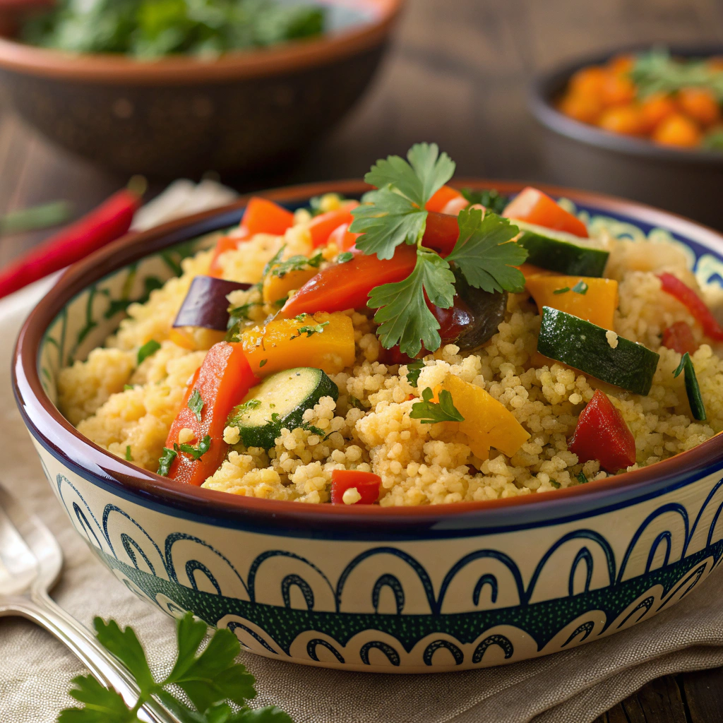 A vibrant Vegetable Couscous garnished with fresh herbs, showcasing the Best Moroccan Ramadan Recipes.