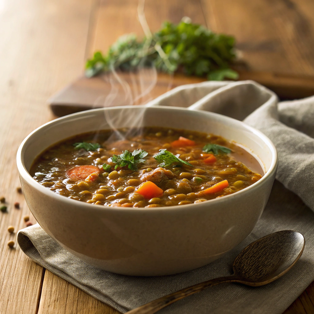 A warm bowl of hearty lentil soup, a comforting healthy Ramadan recipes.