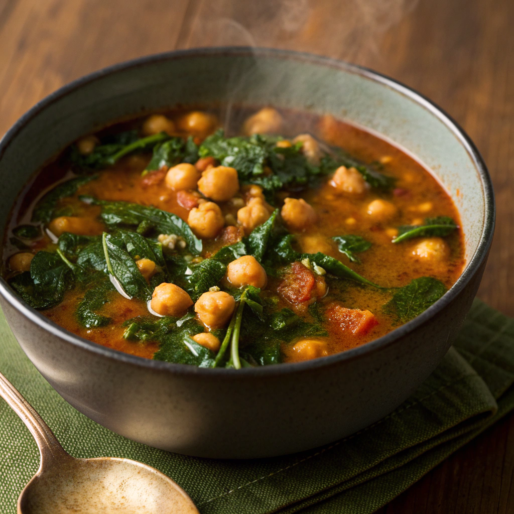 Chickpea and spinach soup, packed with protein for a healthy Ramadan meal.