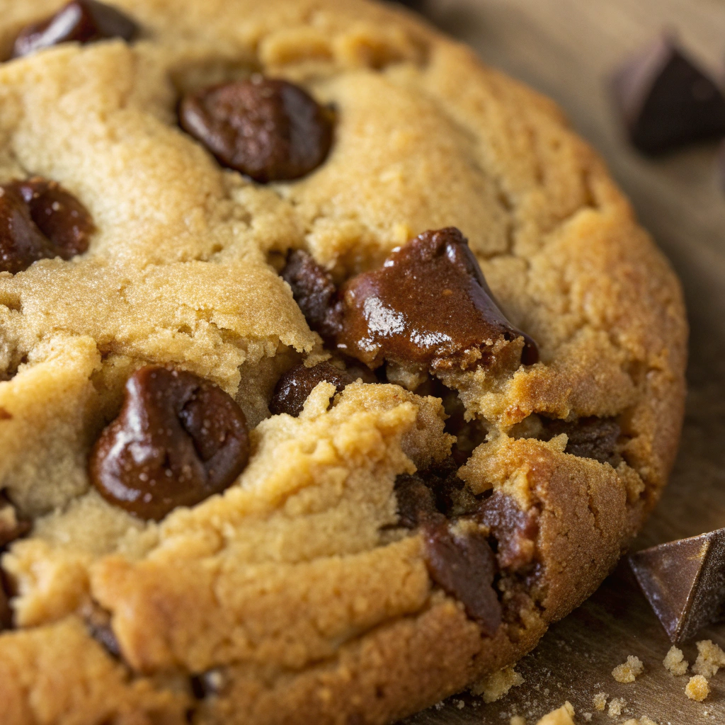 Close-up of a chocolate chip cookie showing gooey chocolate chips.