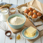 An assortment of ingredients including flour, sugar, eggs, and butter arranged for bundt cake preparation.