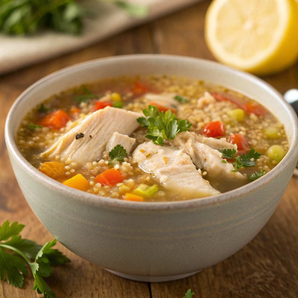  Comforting chicken and quinoa soup, perfect for healthy soups for Ramadan.