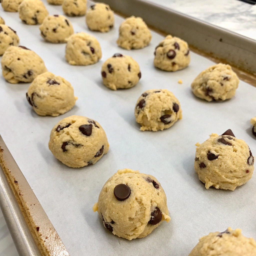 Cookie dough scoops ready to be baked on a baking sheet.