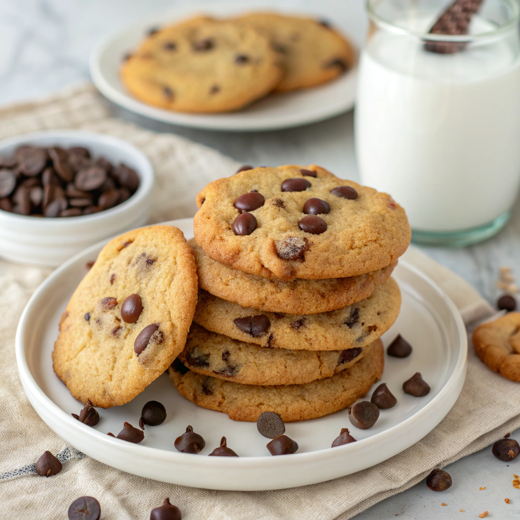 A plate of chocolate chip cookies piled high, garnished with chocolate chips.