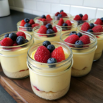 Creamy lemon cheesecake jars topped with fresh berries, ready to serve as an easy dessert recipe.