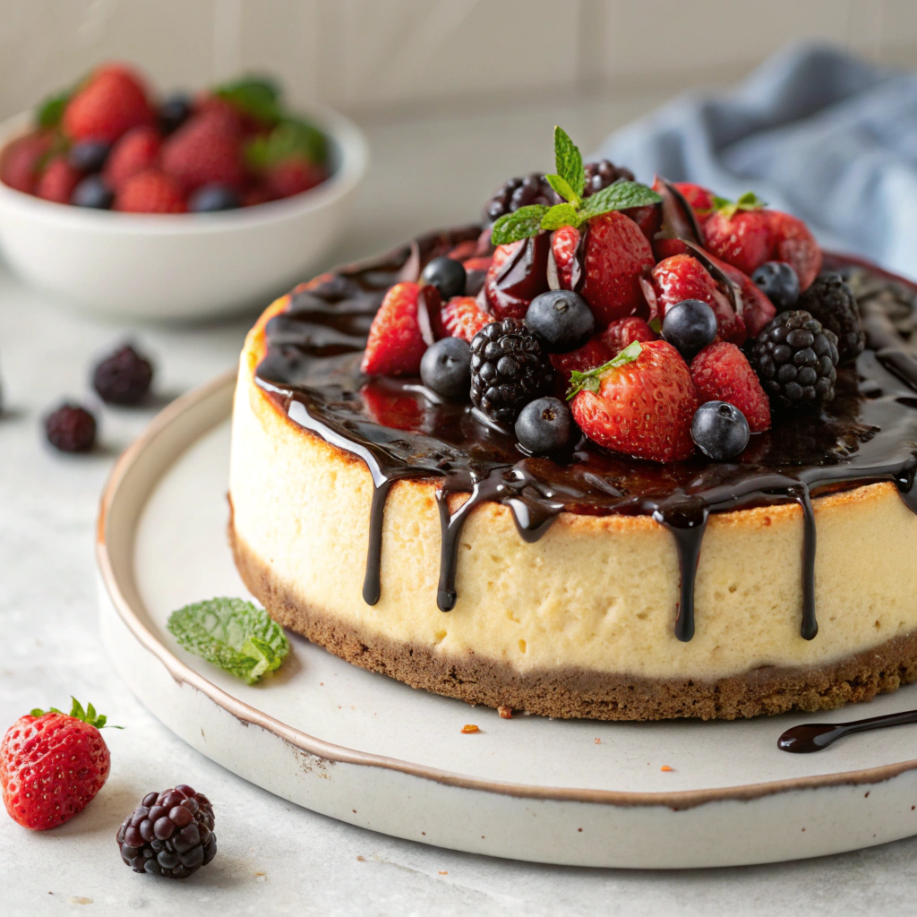 Delicious easy cheesecake topped with fresh berries and a drizzle of chocolate sauce.