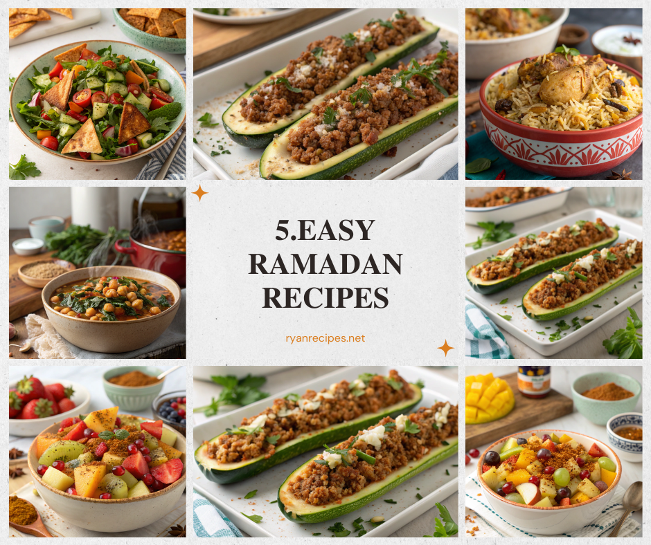 A beautiful display of various easy Ramadan recipes including Chicken Biryani, Fattoush Salad, Chickpea Stew, Stuffed Zucchini, and Fruit Chaat.