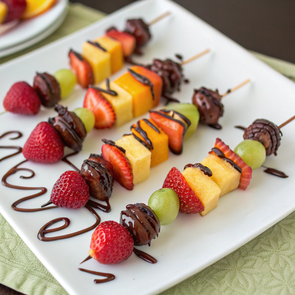 Fruit skewers drizzled with chocolate on a wooden board.
