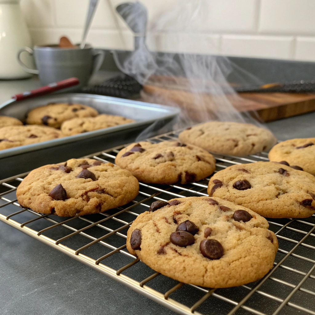 Freshly baked chocolate chip cookies on a cooling rack.