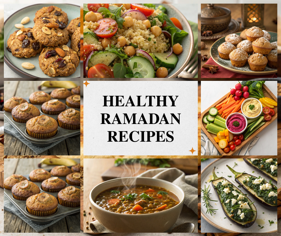 A beautiful spread of healthy Ramadan recipes, including salads, muffins, and dips, perfect for Iftar gatherings.