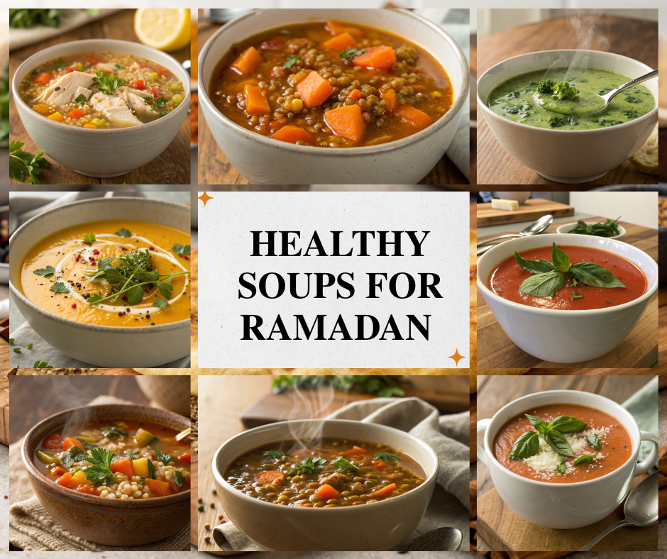 A colorful spread of healthy soups for Ramadan, showcasing a variety of ingredients and vibrant colors.