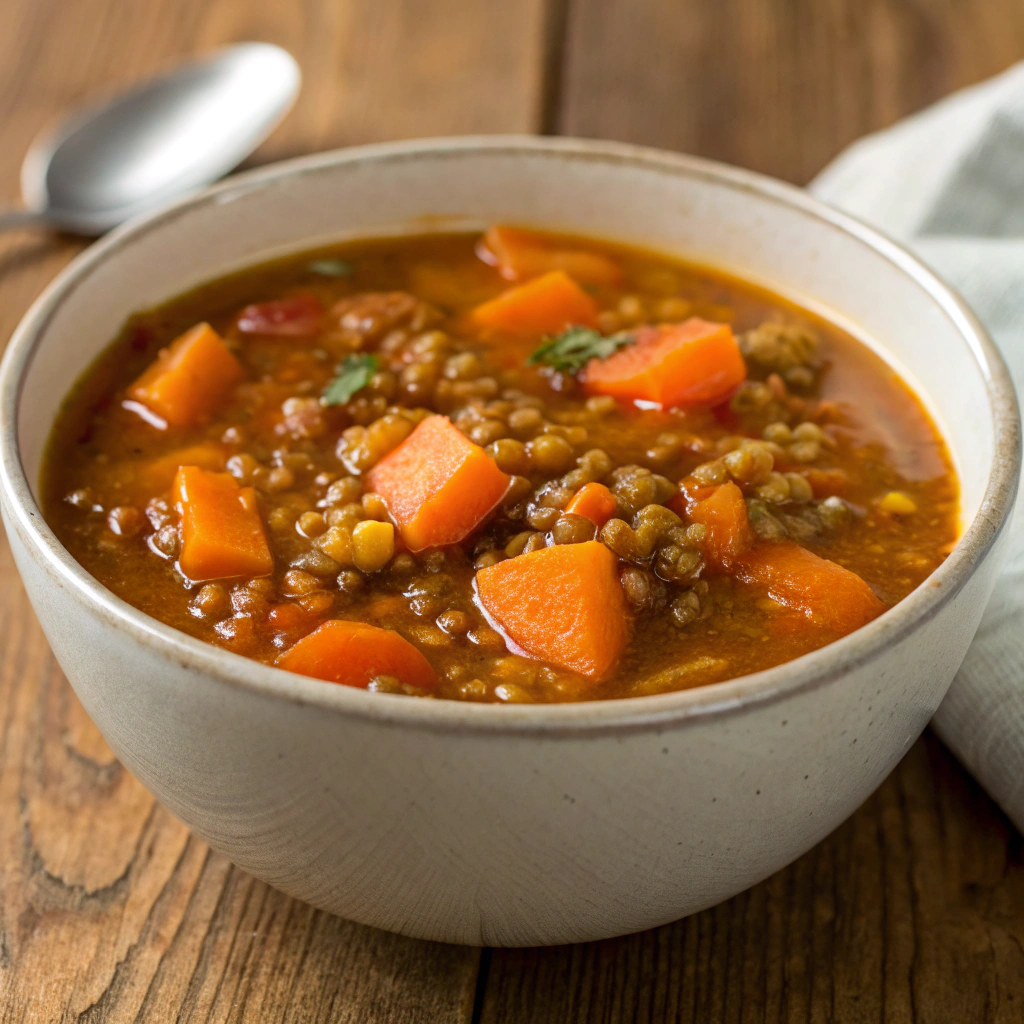 Hearty lentil and carrot soup, a comforting choice for healthy soups for Ramadan.