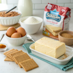 Ingredients for easy cheesecakes including cream cheese, eggs, sugar, and graham crackers.