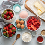 Ingredients for Strawberry Earthquake Cake laid out on a kitchen counter