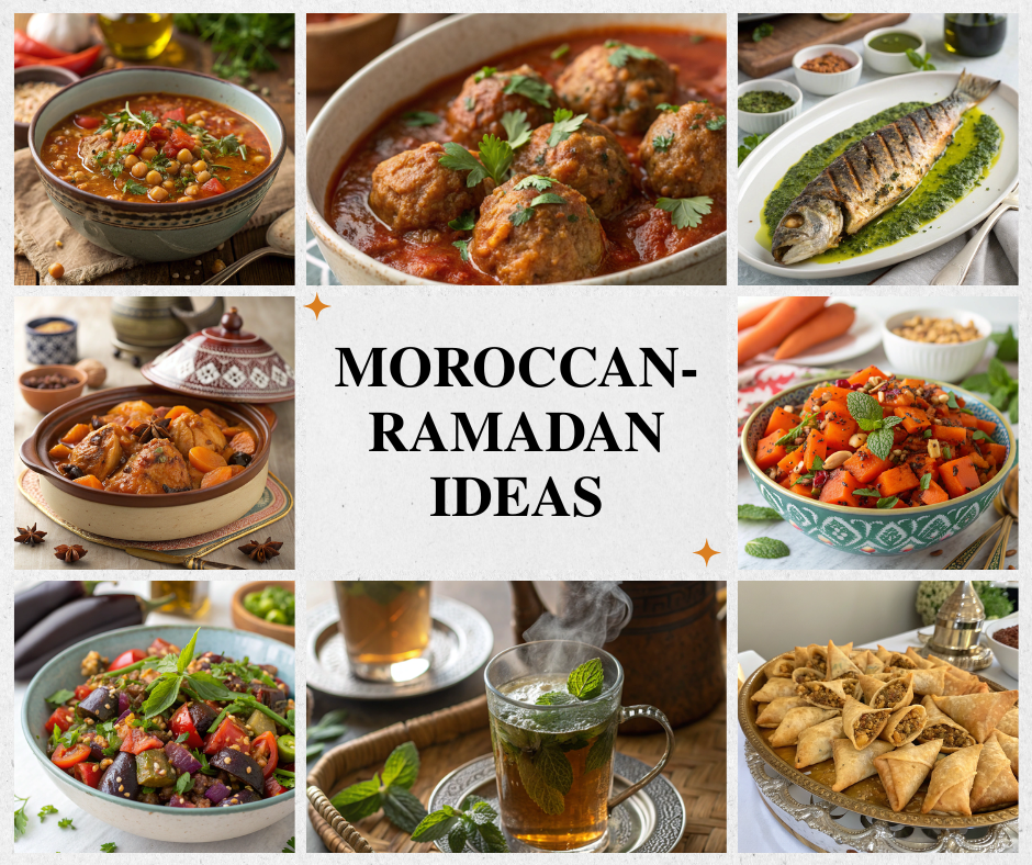 A colorful spread of Moroccan Ramadan recipes including Harira soup, Chicken Tagine, Briouat pastries, and Fried Stuffed Dates, set against a festive table setting.