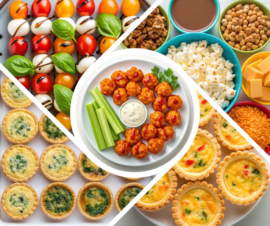 A stunning array of colorful party foods displayed on a festive table, showcasing snacks and appetizers perfect for gatherings.