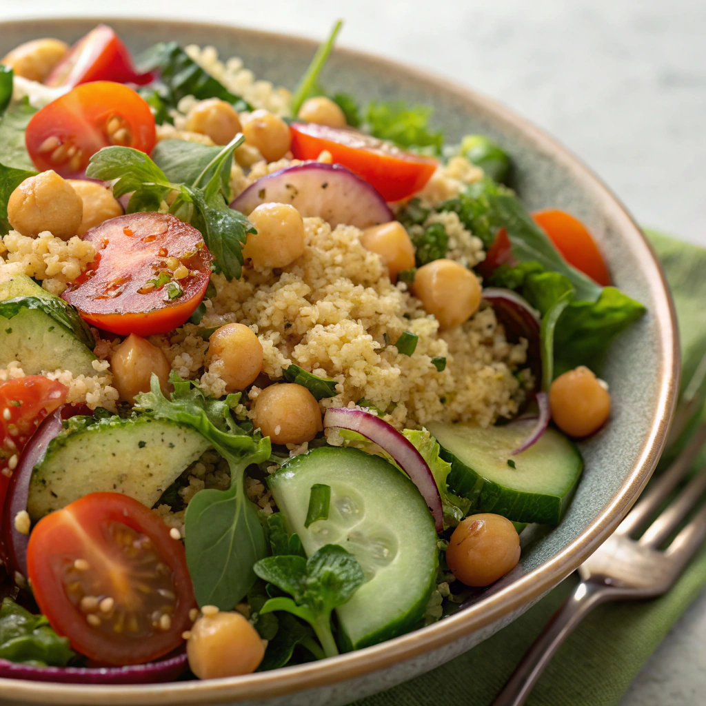  Quinoa salad with chickpeas and fresh veggies, a refreshing healthy Ramadan recipe.