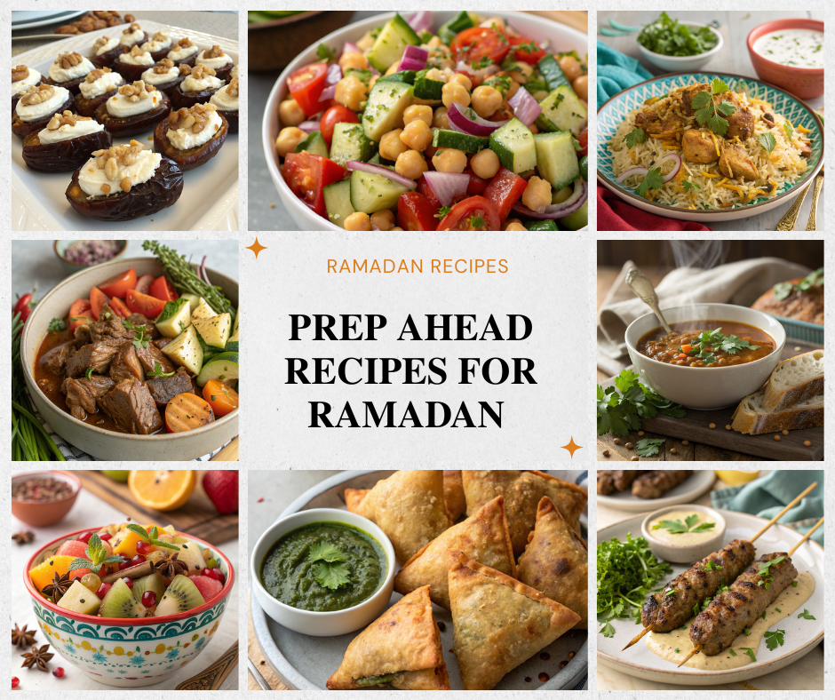 A beautifully arranged platter of various prep ahead recipes for Ramadan, including stuffed dates and vegetable samosas.