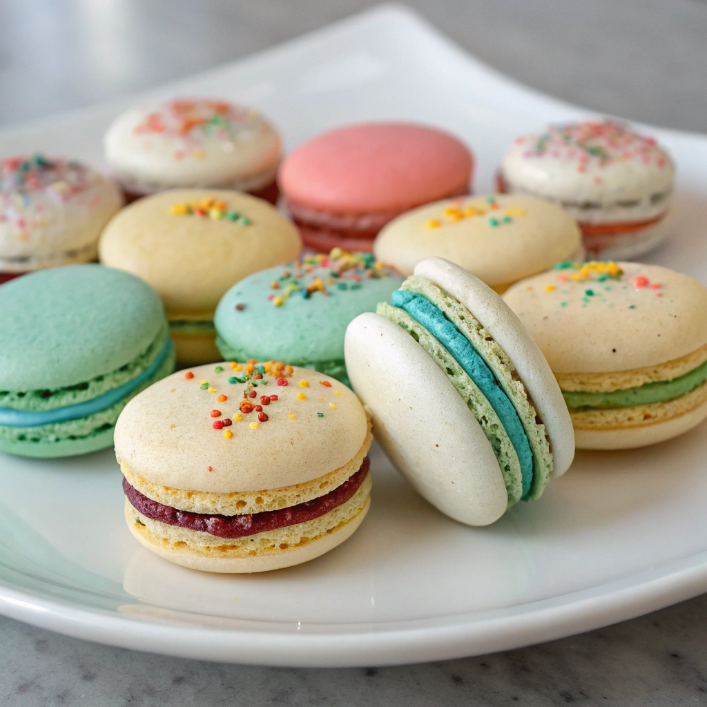Colorful mini macarons displayed on a platter.Gluten Free Desserts