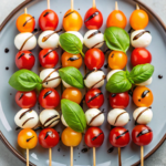 Caprese skewers with cherry tomatoes, mozzarella, and basil, perfect for party foods.