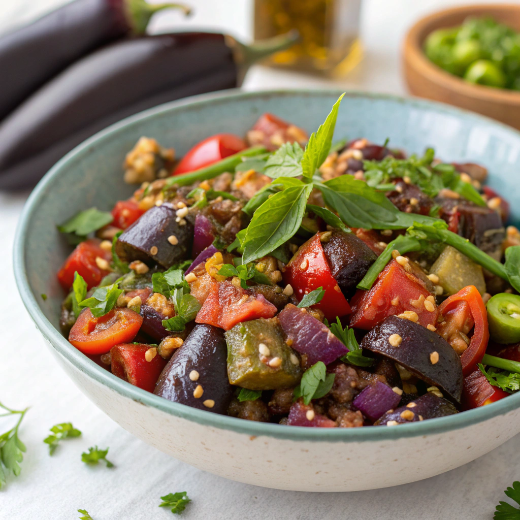 A vibrant Zaalouk dish,  Moroccan Ramadan recipes featuring eggplant.