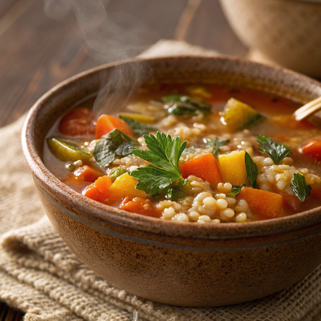 Vegetable barley soup, a hearty and nutritious healthy soup for Ramadan.