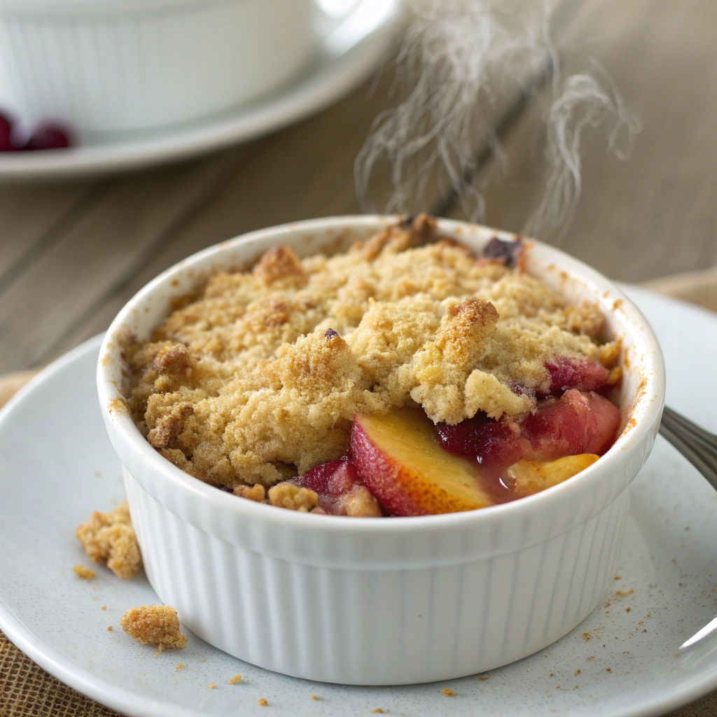 Warm fruit crumble with almond flour served in a ramekin.Gluten Free Desserts