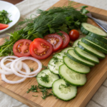 A fresh collection of ingredients for cucumber salad, including cucumbers, tomatoes, onions, and herbs.