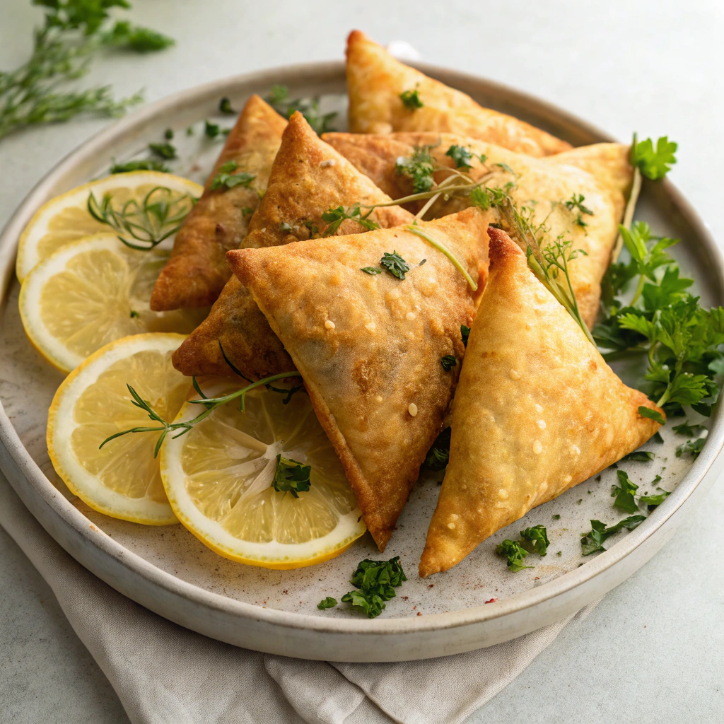 A plate of golden-brown chicken samosas garnished with fresh herbs and lemon wedges.Easy Chicken Samosas