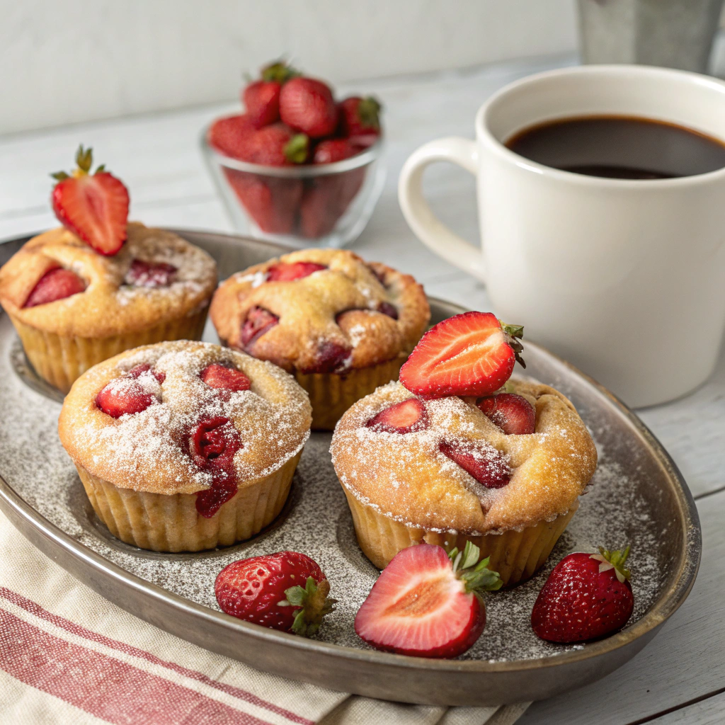 A platter of Strawberry Muffins served with a cup of coffee.