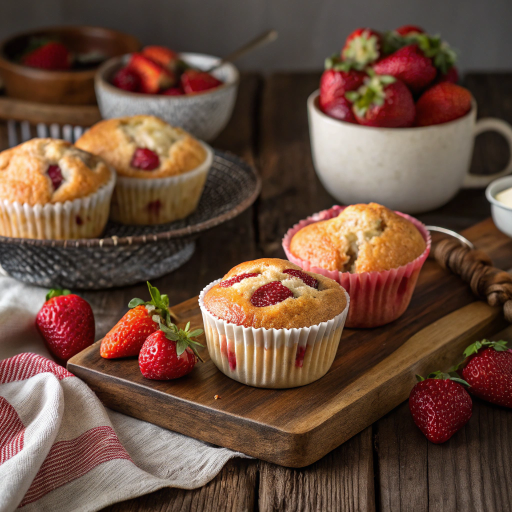 A stunning display of Strawberry Muffins on a wooden tabletop.