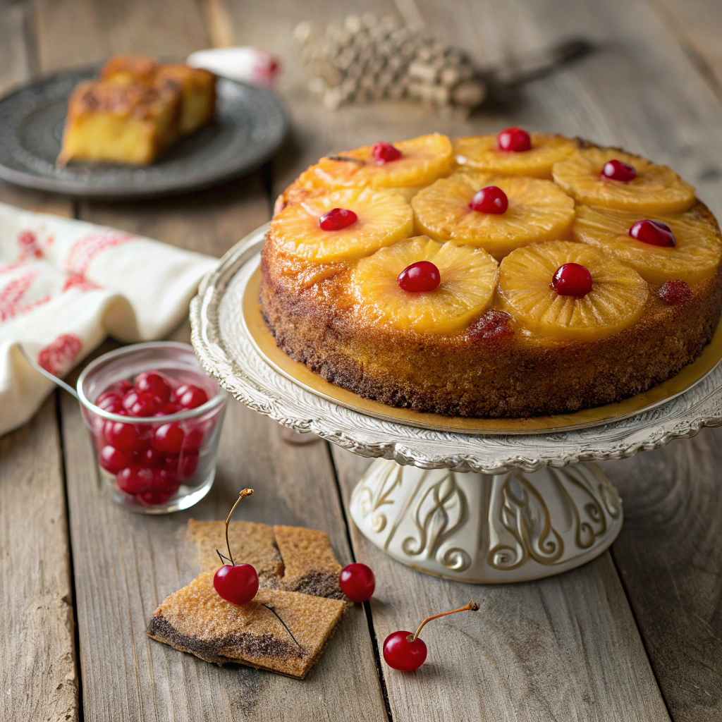 A stunning whole Pineapple Upside Down Cake presented on a rustic wooden table.