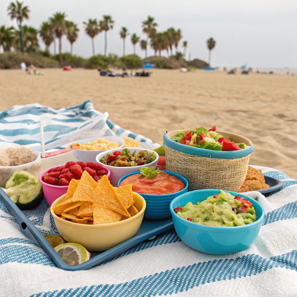 Array of beach snacks including nachos, dips, and salads.