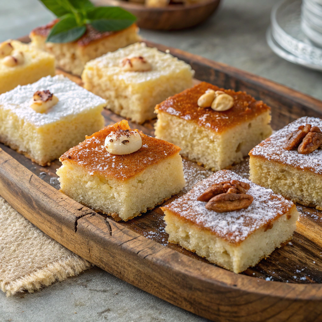 Beautiful arrangement of Coconut Basbousa variations on a rustic platter
