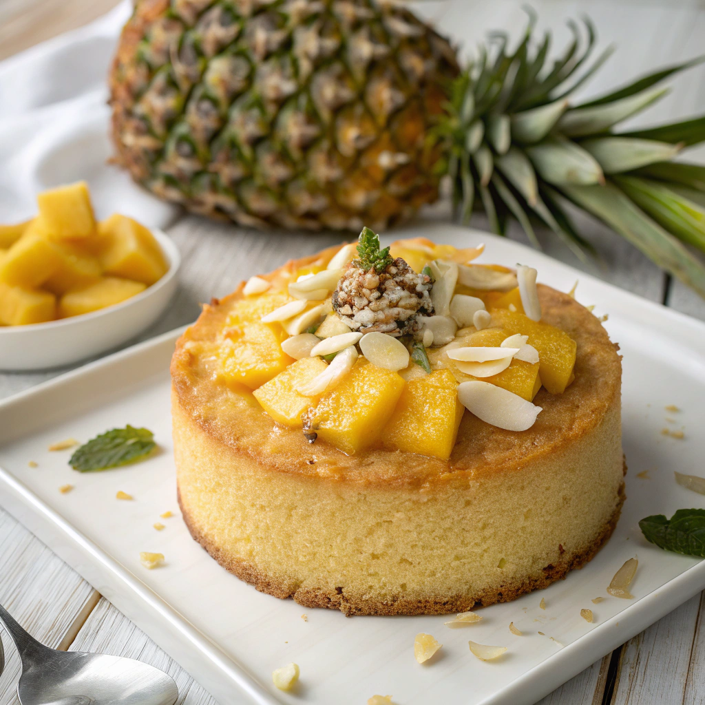 Beautifully decorated Moist Pineapple Cake with tropical garnishes
