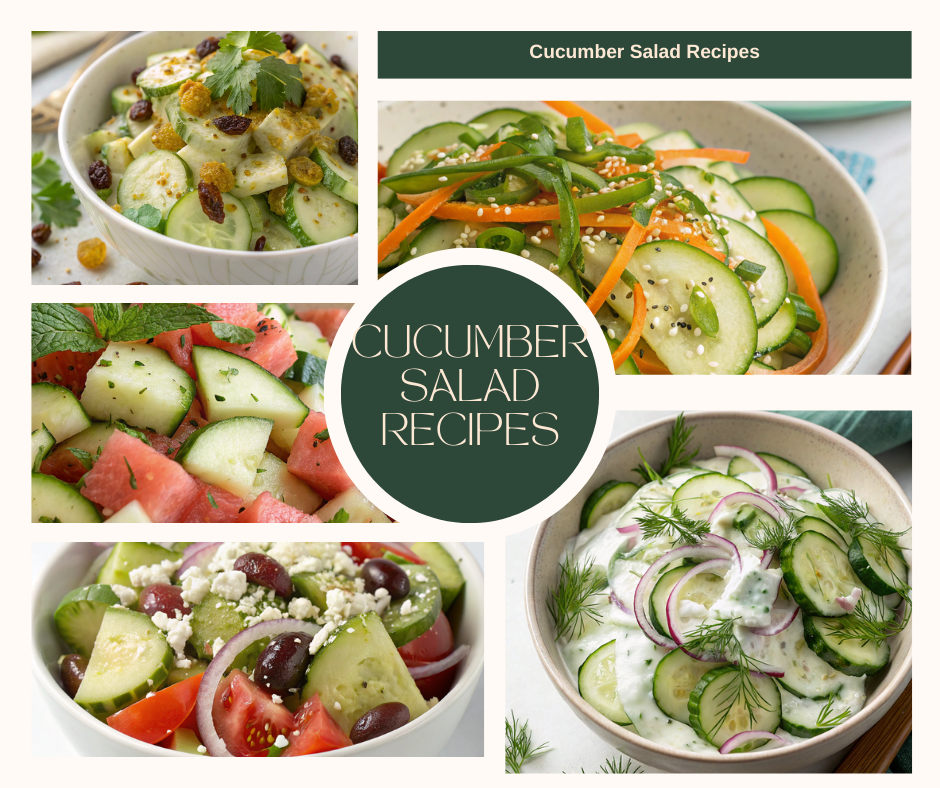 A colorful display of various cucumber salads, including Greek, Asian, creamy, melon, and curried versions, highlighting the versatility of cucumber salad recipes.