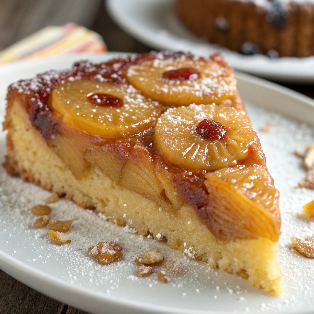 Close-up of a slice of Pineapple Upside Down Cake highlighting the caramelized top.