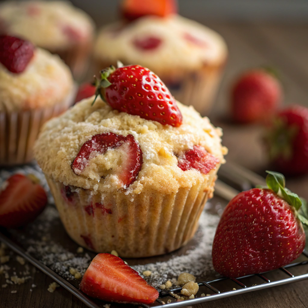 Close-up of a Strawberry Muffin highlighting its fluffy texture and strawberries