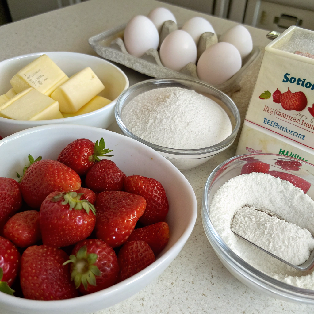 Ingredients for Strawberry Muffins arranged on a countertop.