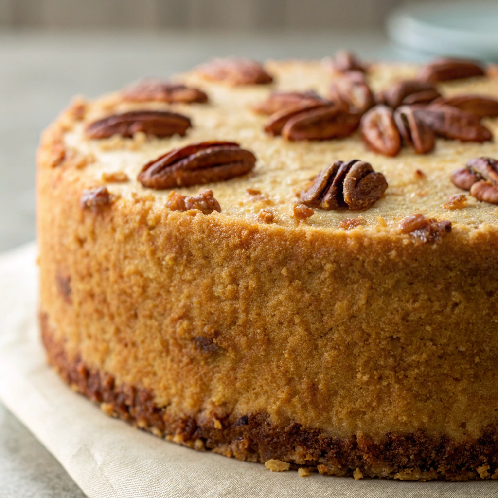 Whole butter pecan cake displayed on a rustic wooden table.