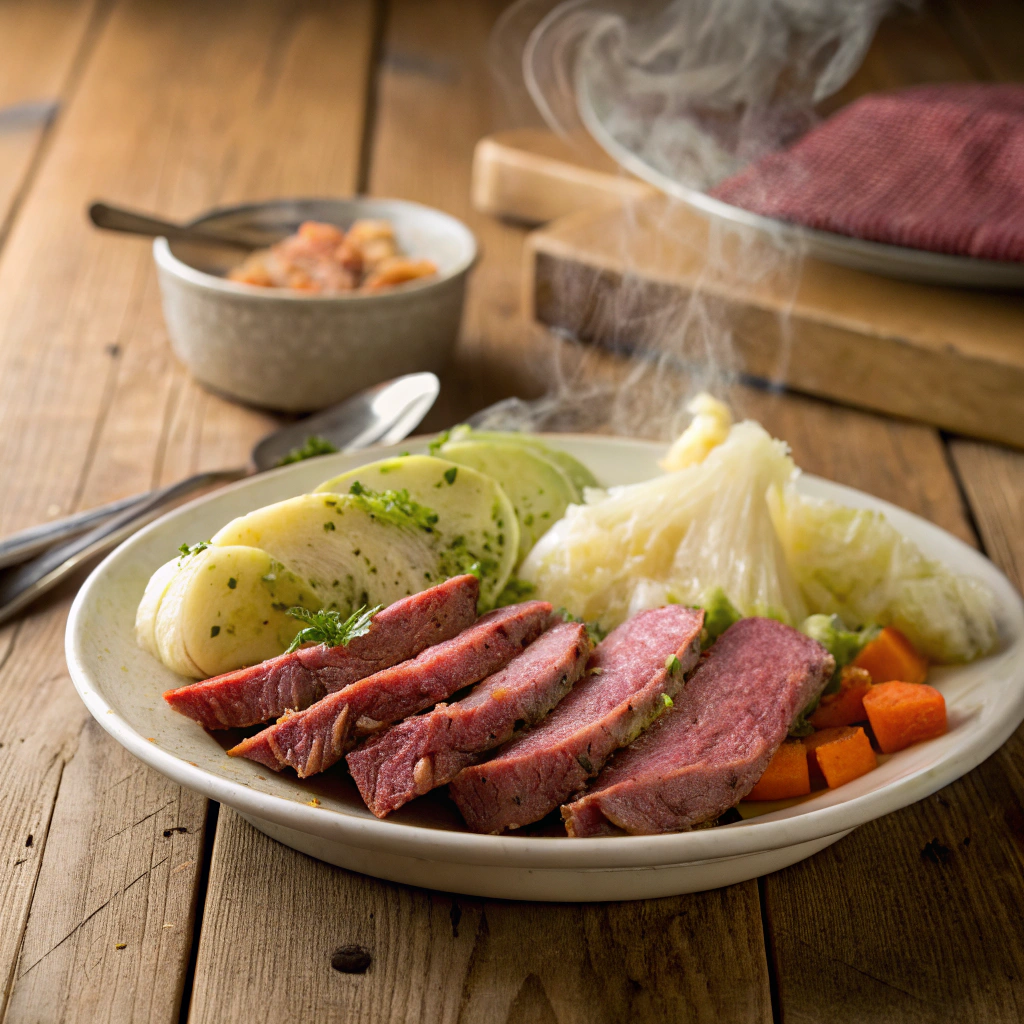 Corned beef and cabbage served on a rustic wooden table.