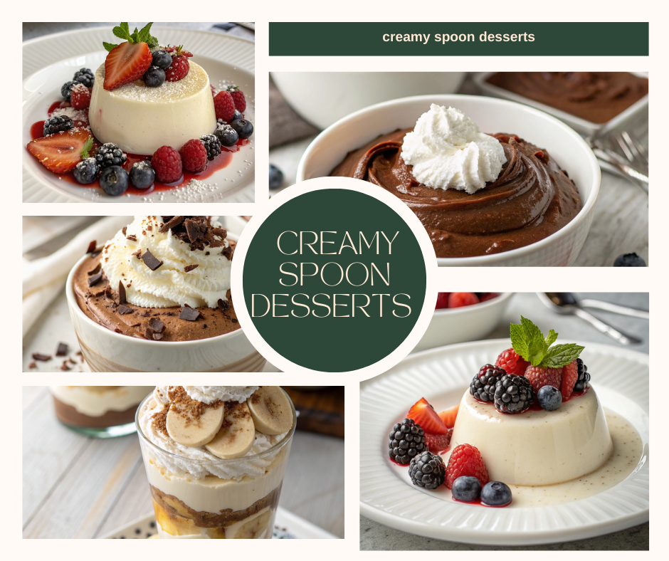 Assorted creamy spoon desserts including classic chocolate mousse, vanilla panna cotta, and banoffee pie parfait