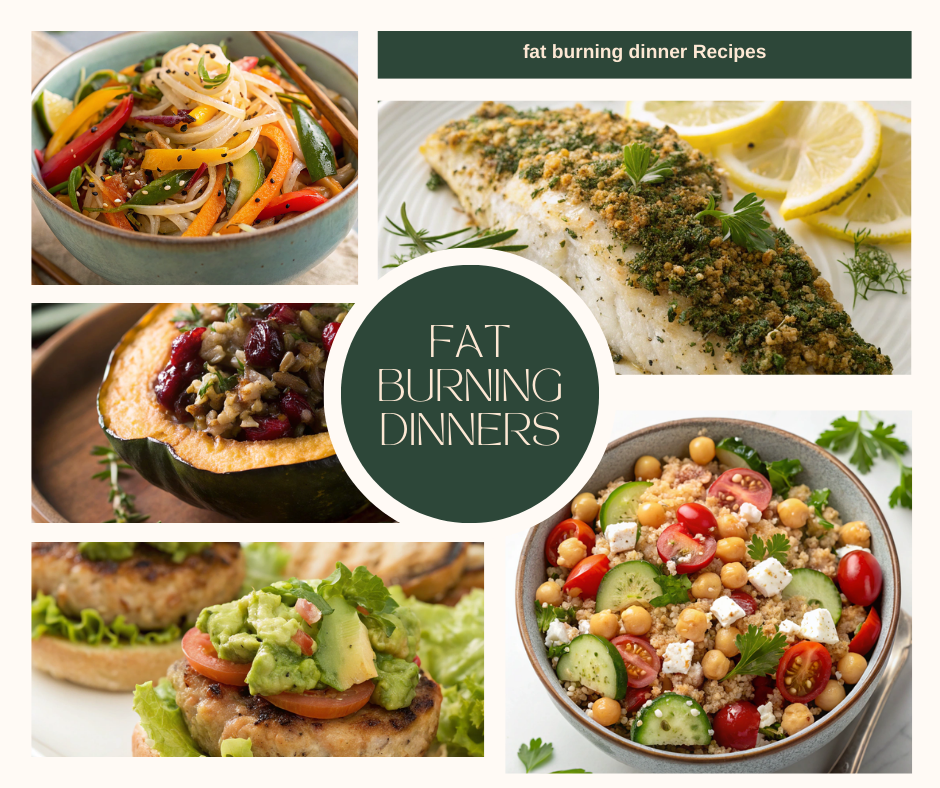 A collage of fat burning dinners recipes including salads, curries, and stuffed squash.